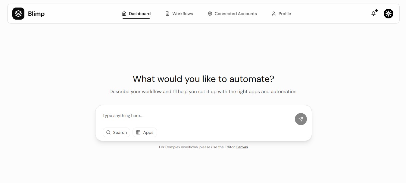 Blimp automation platform dashboard showing workflow builder